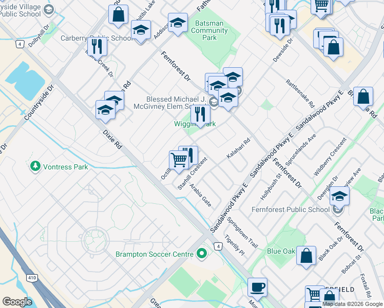 map of restaurants, bars, coffee shops, grocery stores, and more near 128 Starhill Crescent in Brampton