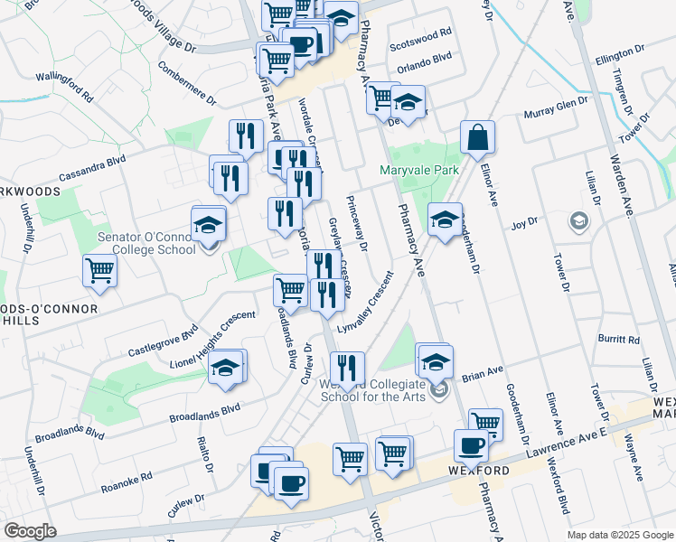 map of restaurants, bars, coffee shops, grocery stores, and more near 34 Greylawn Crescent in Toronto