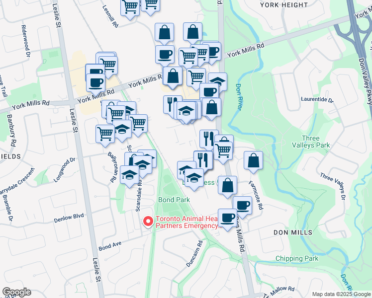 map of restaurants, bars, coffee shops, grocery stores, and more near 30 Kern Road in Toronto