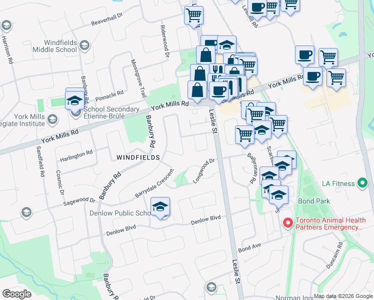map of restaurants, bars, coffee shops, grocery stores, and more near 146 Abbeywood Trail in Toronto