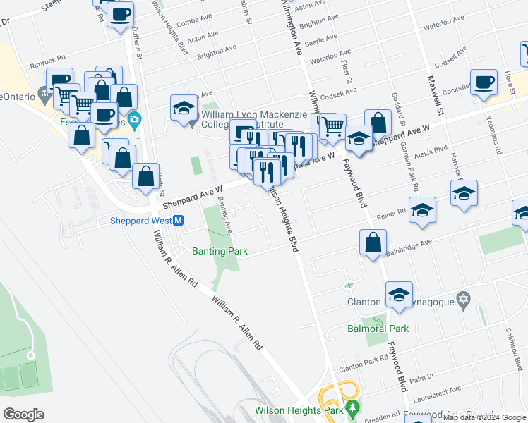 map of restaurants, bars, coffee shops, grocery stores, and more near 25 Findlay Boulevard in Toronto