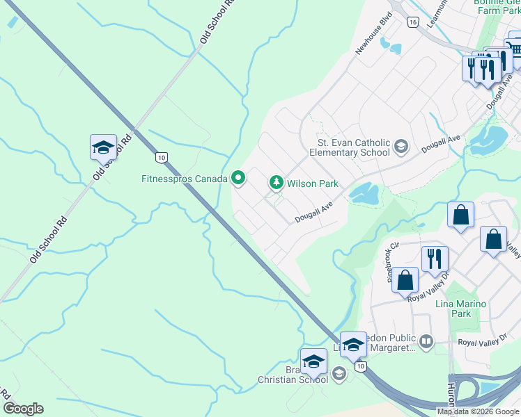map of restaurants, bars, coffee shops, grocery stores, and more near 89 Deer Ridge Trail in Caledon