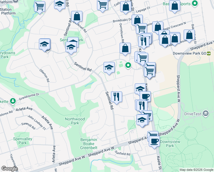 map of restaurants, bars, coffee shops, grocery stores, and more near in Toronto