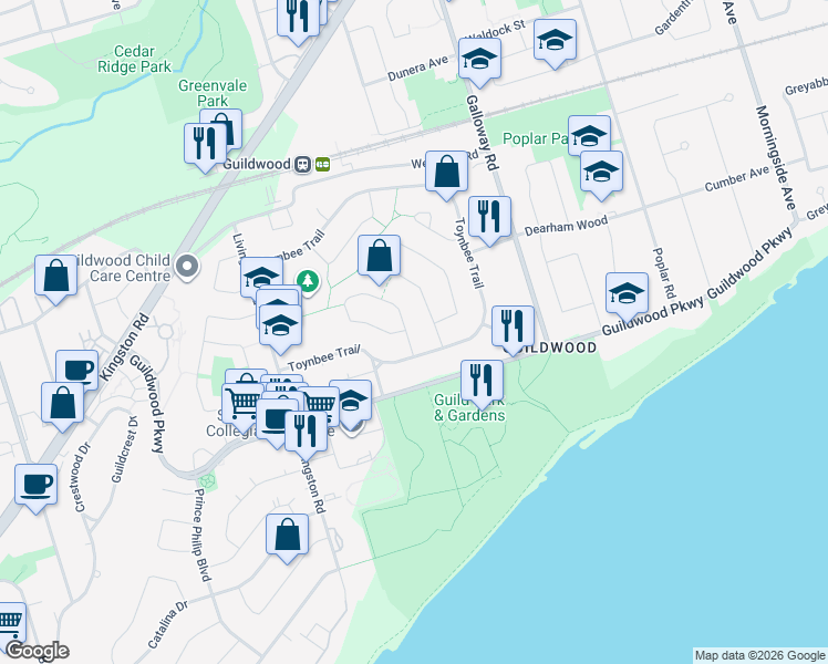 map of restaurants, bars, coffee shops, grocery stores, and more near 5 Somerdale Square in Toronto