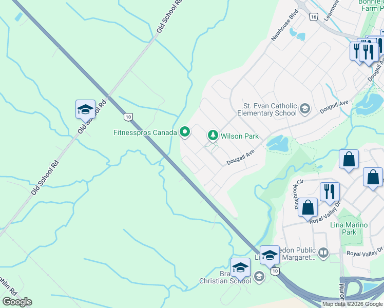 map of restaurants, bars, coffee shops, grocery stores, and more near 80 Deer Ridge Trail in Regional Municipality of Peel