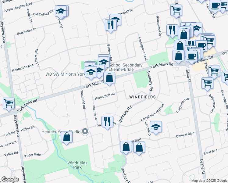 map of restaurants, bars, coffee shops, grocery stores, and more near 60 Cosmic Drive in Toronto