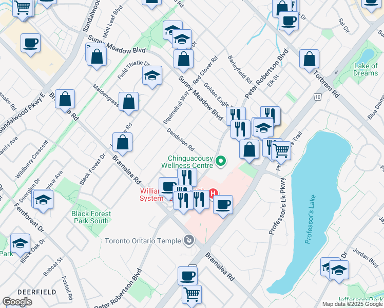 map of restaurants, bars, coffee shops, grocery stores, and more near 83 Dandelion Road in Brampton