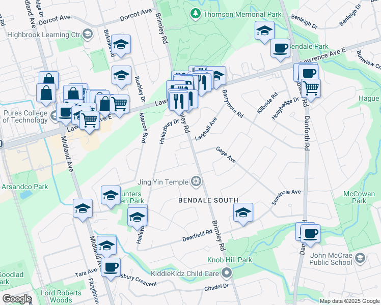 map of restaurants, bars, coffee shops, grocery stores, and more near 764 Brimley Road in Toronto