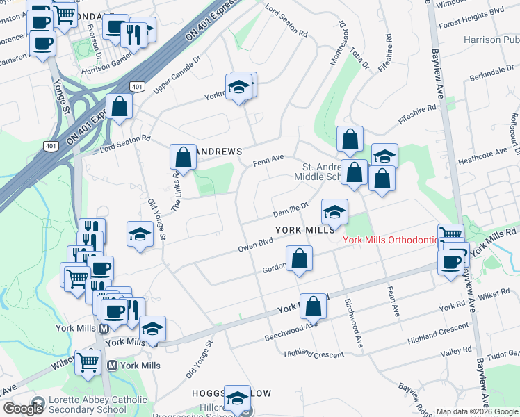 map of restaurants, bars, coffee shops, grocery stores, and more near 5 Foursome Crescent in Toronto