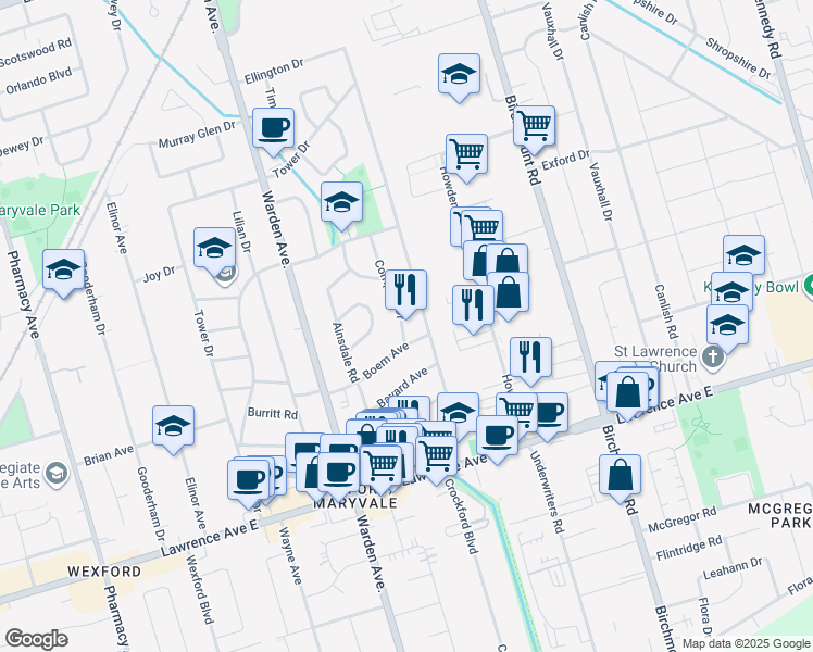map of restaurants, bars, coffee shops, grocery stores, and more near in Toronto