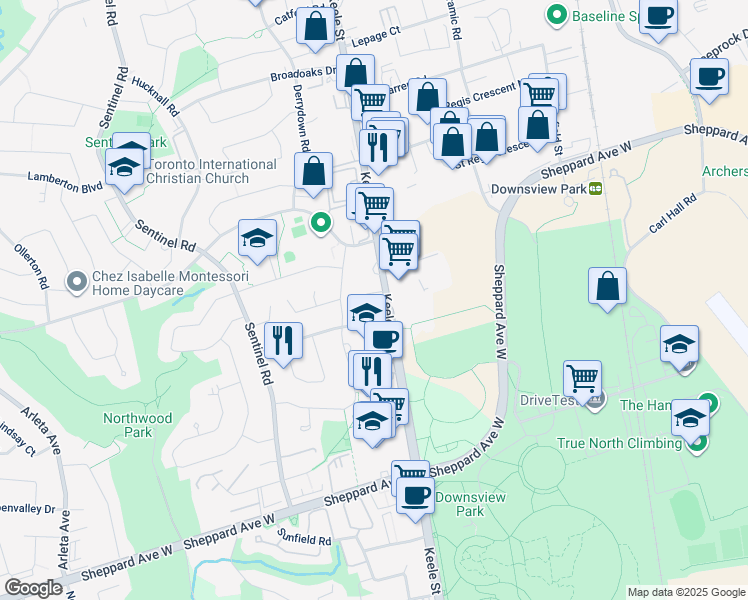 map of restaurants, bars, coffee shops, grocery stores, and more near 3444 Keele Street in Toronto