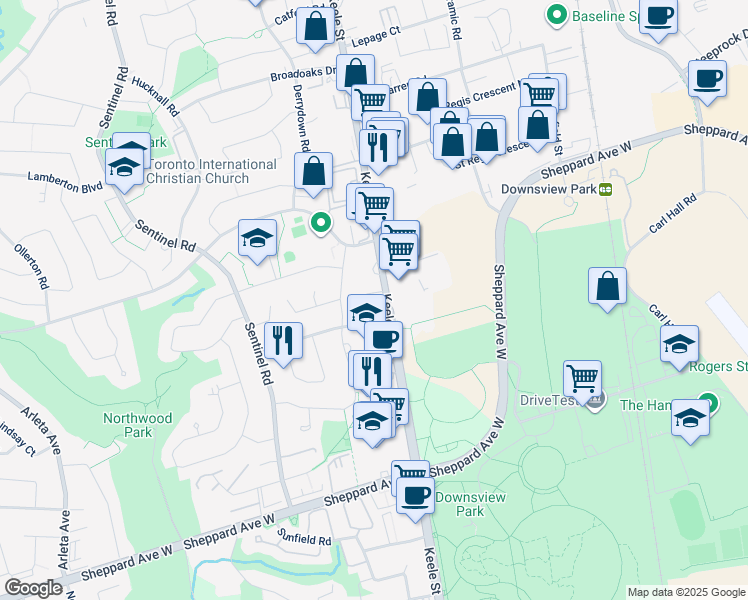 map of restaurants, bars, coffee shops, grocery stores, and more near 3444 Keele Street in Toronto