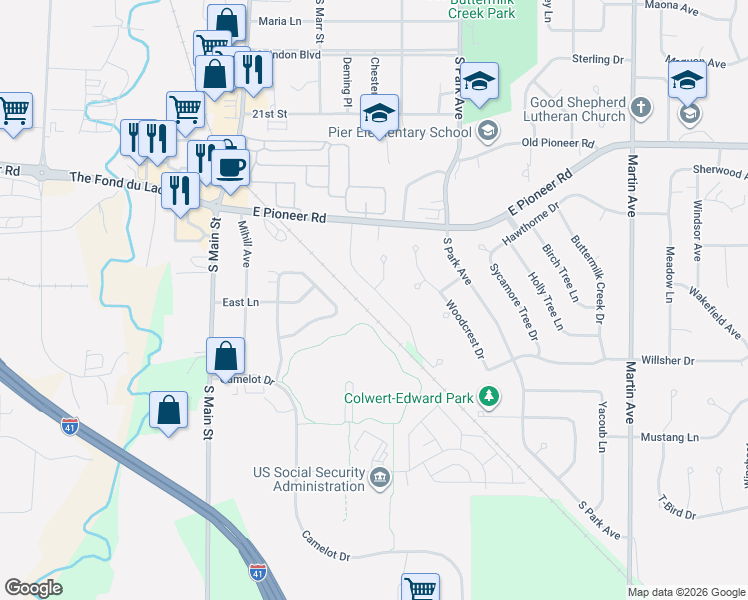map of restaurants, bars, coffee shops, grocery stores, and more near 1046 Eastman Lane in Fond du Lac