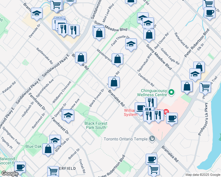 map of restaurants, bars, coffee shops, grocery stores, and more near 32 Hocken Court in Brampton