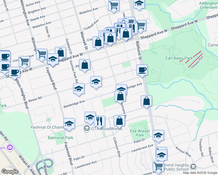 map of restaurants, bars, coffee shops, grocery stores, and more near 55 Verwood Avenue in Toronto