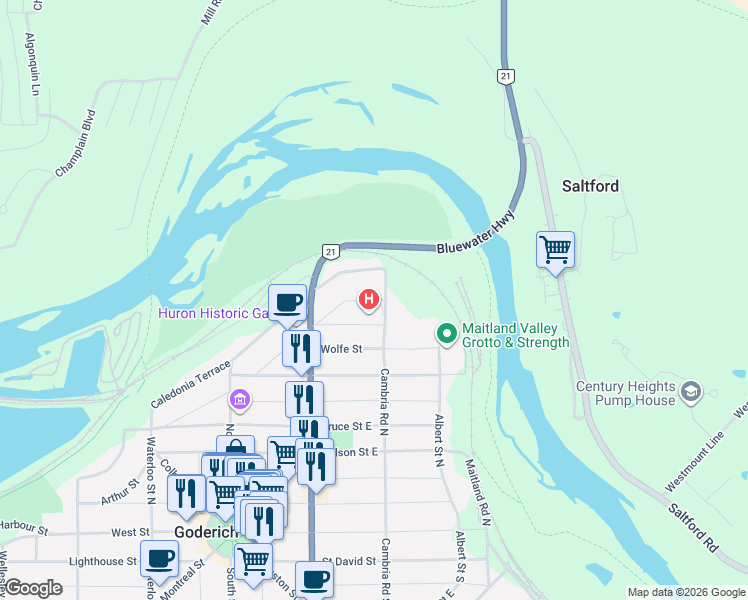 map of restaurants, bars, coffee shops, grocery stores, and more near Napier Street in Goderich