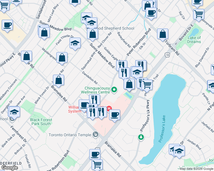 map of restaurants, bars, coffee shops, grocery stores, and more near 46 Dusty Star Road in Brampton