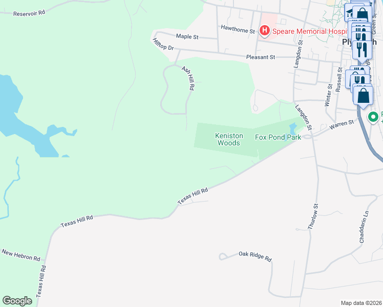 map of restaurants, bars, coffee shops, grocery stores, and more near 98 Texas Hill Road in Plymouth