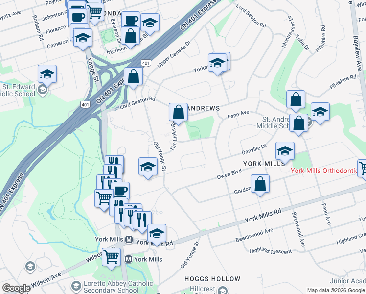 map of restaurants, bars, coffee shops, grocery stores, and more near 15 Tournament Drive in Toronto