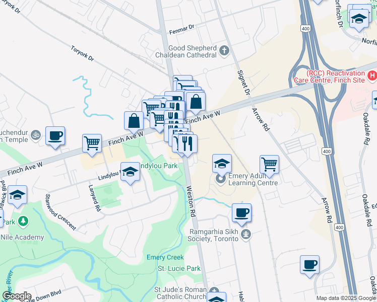 map of restaurants, bars, coffee shops, grocery stores, and more near 3457 Weston Road in Toronto