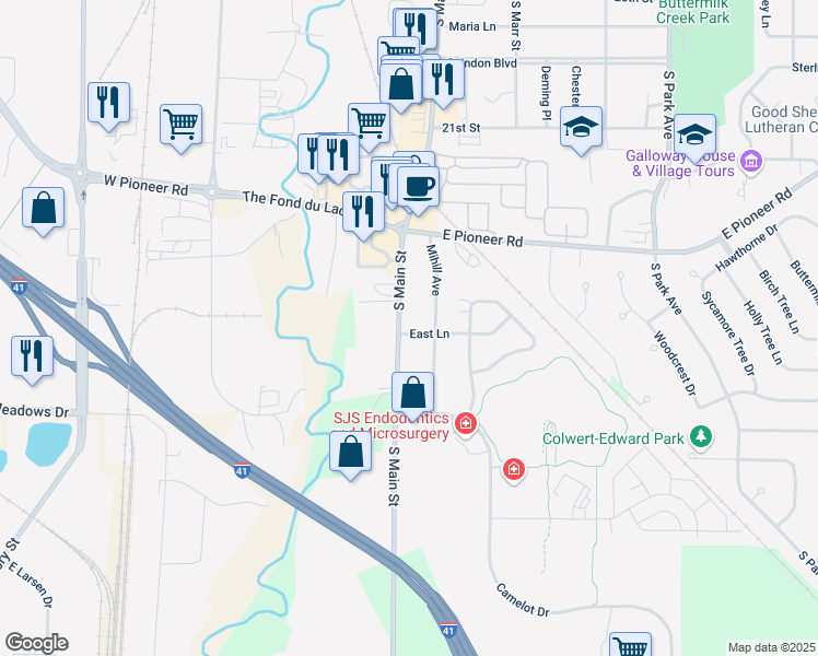 map of restaurants, bars, coffee shops, grocery stores, and more near N5769 S Main St in Fond du Lac