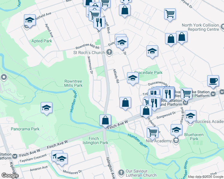 map of restaurants, bars, coffee shops, grocery stores, and more near 2835 Islington Avenue in Toronto