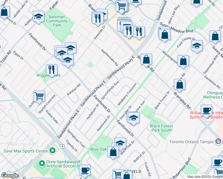 map of restaurants, bars, coffee shops, grocery stores, and more near 92 Sprucelands Avenue in Brampton