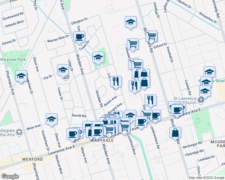 map of restaurants, bars, coffee shops, grocery stores, and more near 14 Compton Drive in Toronto