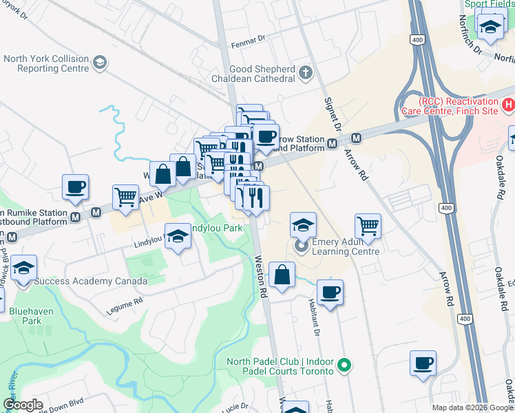 map of restaurants, bars, coffee shops, grocery stores, and more near 3461 Weston Road in Toronto