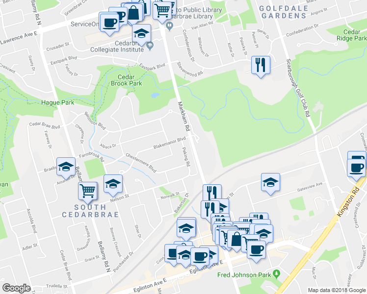 map of restaurants, bars, coffee shops, grocery stores, and more near 33 Peking Road in Toronto