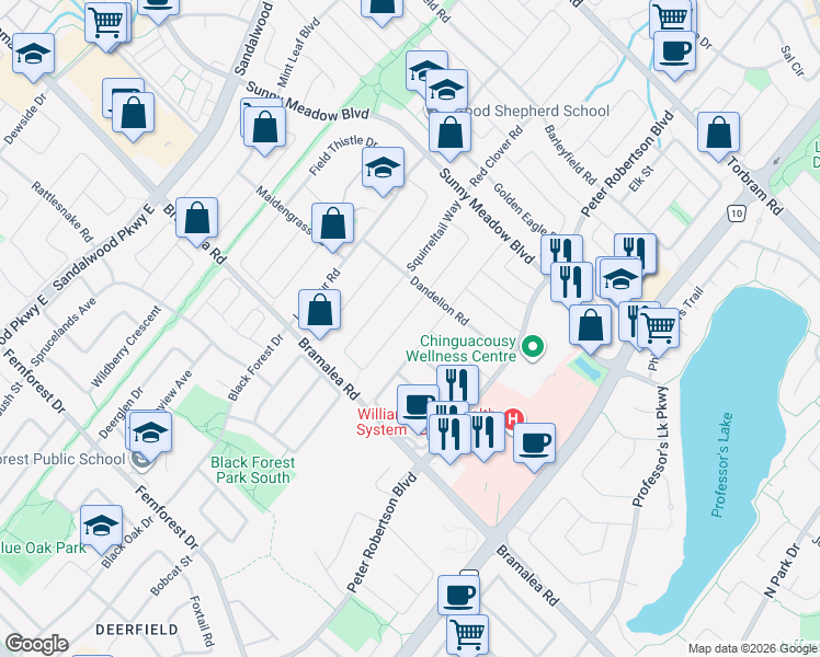 map of restaurants, bars, coffee shops, grocery stores, and more near 32 Cordgrass Crescent in Brampton