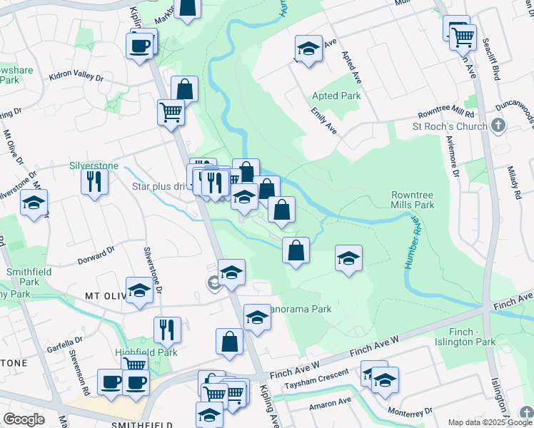 map of restaurants, bars, coffee shops, grocery stores, and more near 3 Rowntree Road in Toronto