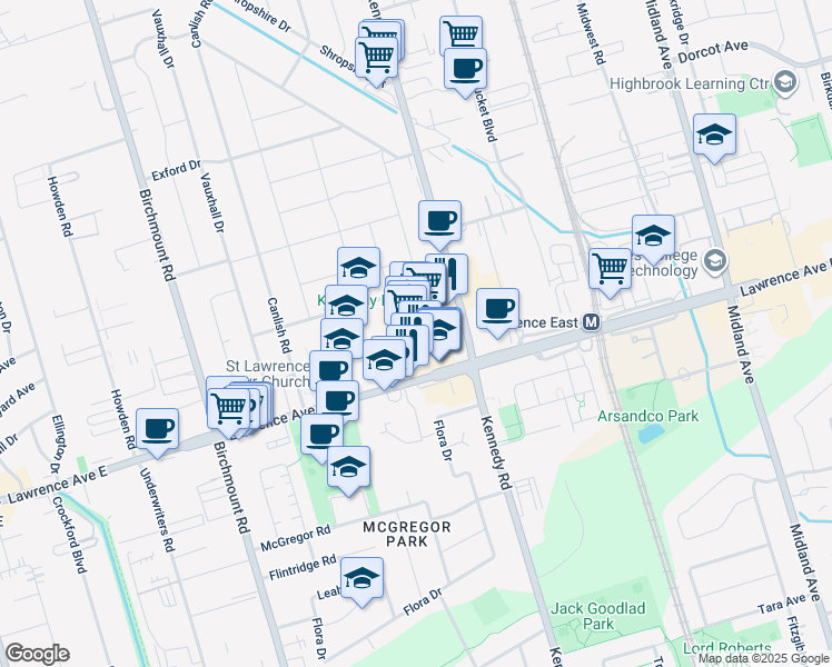 map of restaurants, bars, coffee shops, grocery stores, and more near 2300 Lawrence Avenue East in Toronto