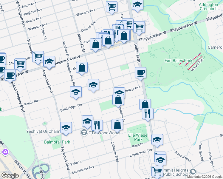 map of restaurants, bars, coffee shops, grocery stores, and more near 49 Verwood Avenue in Toronto