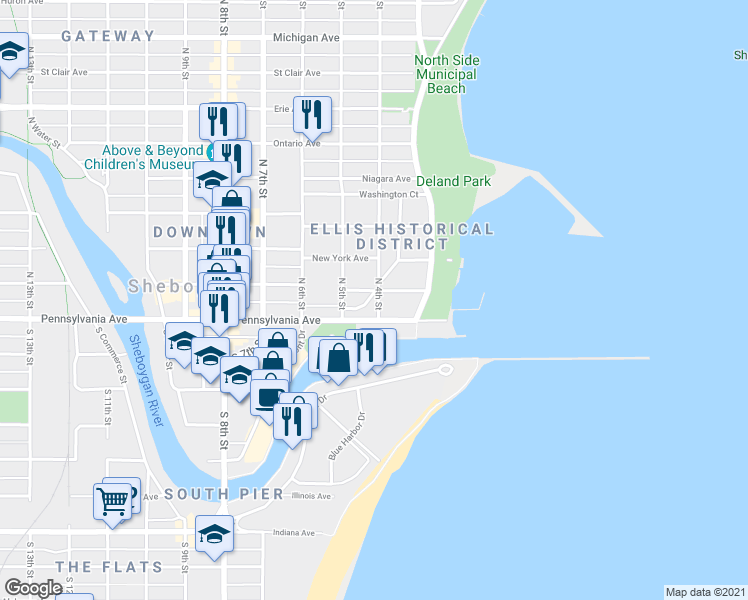 map of restaurants, bars, coffee shops, grocery stores, and more near 520 North 4th Street in Sheboygan