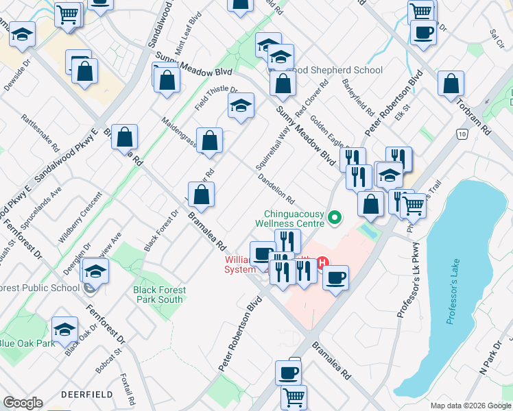 map of restaurants, bars, coffee shops, grocery stores, and more near 32 Cordgrass Crescent in Brampton