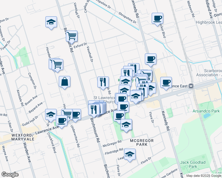 map of restaurants, bars, coffee shops, grocery stores, and more near in Toronto