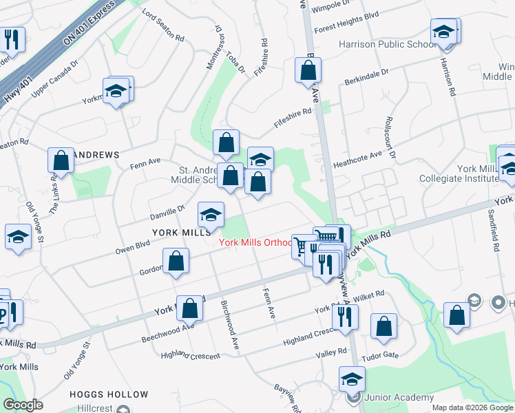 map of restaurants, bars, coffee shops, grocery stores, and more near 164 Owen Boulevard in Toronto