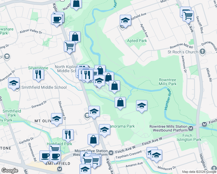 map of restaurants, bars, coffee shops, grocery stores, and more near 3 Rowntree Road in Toronto