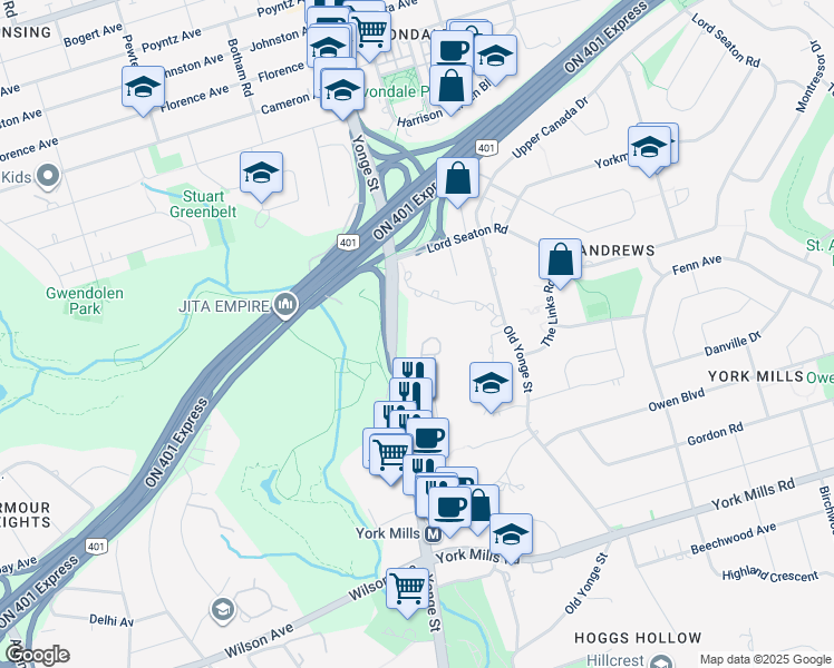 map of restaurants, bars, coffee shops, grocery stores, and more near 28 William Carson Crescent in Toronto