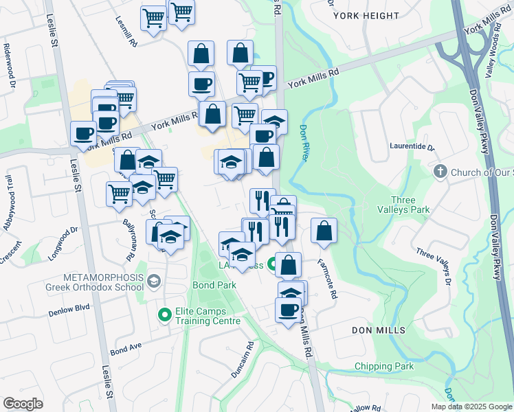 map of restaurants, bars, coffee shops, grocery stores, and more near 1440 Don Mills Road in Toronto