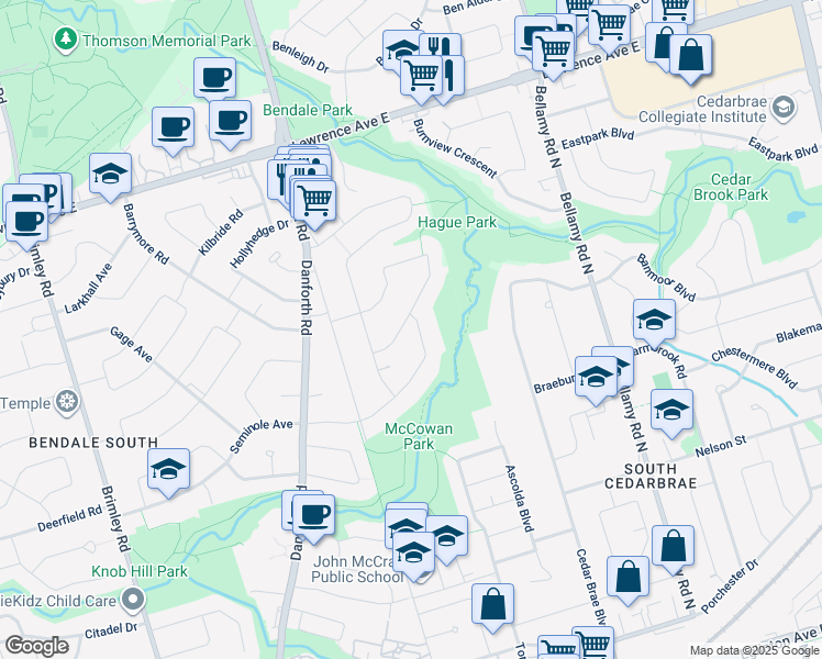 map of restaurants, bars, coffee shops, grocery stores, and more near 34 Bendale Boulevard in Toronto