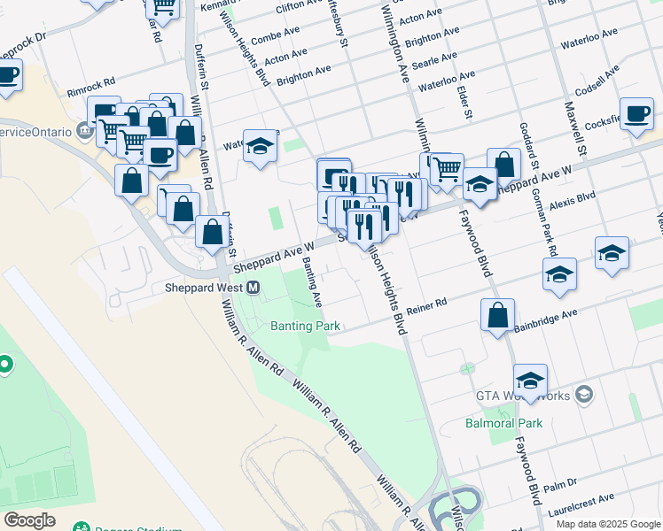 map of restaurants, bars, coffee shops, grocery stores, and more near 45 Findlay Boulevard in Toronto