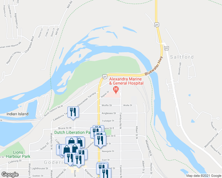 map of restaurants, bars, coffee shops, grocery stores, and more near 109 Napier Street in Goderich