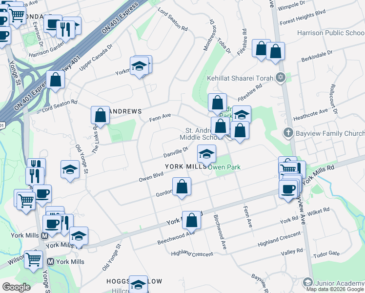 map of restaurants, bars, coffee shops, grocery stores, and more near 36 Danville Drive in Toronto