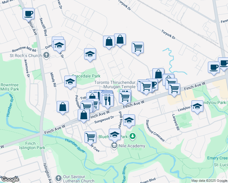 map of restaurants, bars, coffee shops, grocery stores, and more near 35 Duncanwoods Drive in Toronto