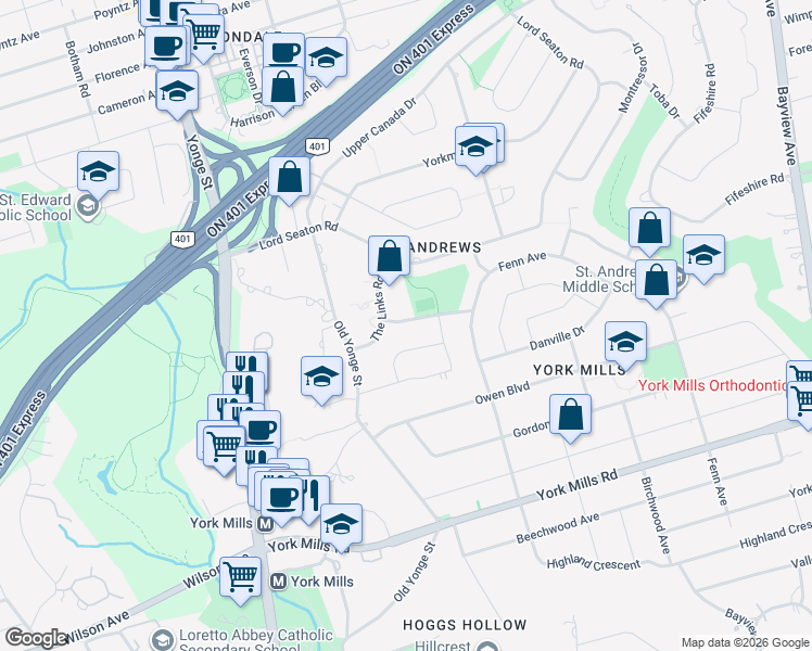 map of restaurants, bars, coffee shops, grocery stores, and more near 15 Tournament Drive in Toronto