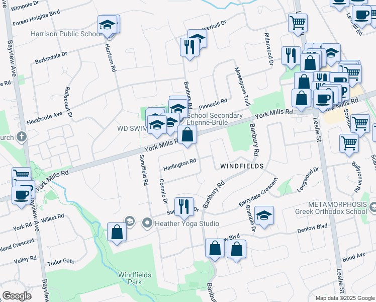 map of restaurants, bars, coffee shops, grocery stores, and more near 60 Cosmic Drive in Toronto