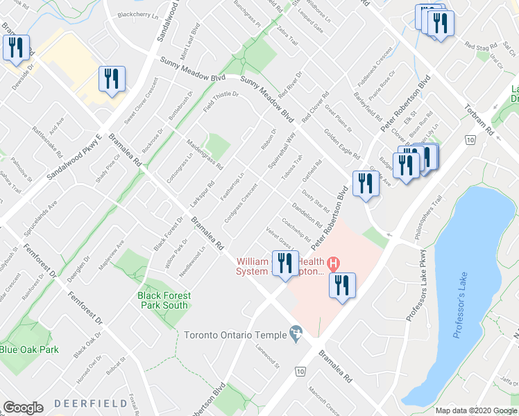 map of restaurants, bars, coffee shops, grocery stores, and more near 28 Cordgrass Crescent in Brampton