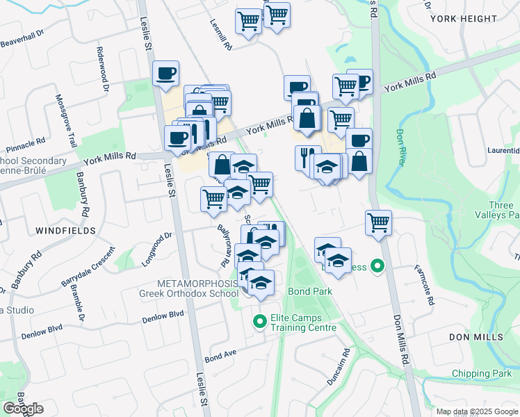 map of restaurants, bars, coffee shops, grocery stores, and more near 85 Scarsdale Rd in Toronto